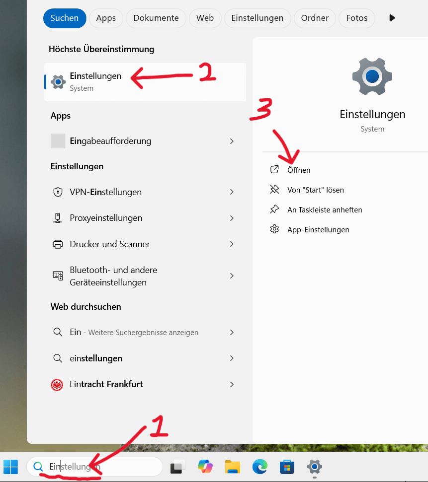 Die Einstellungen über die Suche in der Taskleiste öffnen