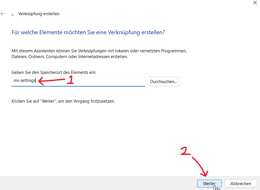 Eine Verknüpfung zum Öffnen der Einstellungen erstellen