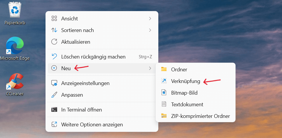 Wählen Sie 'Neu' und dann 'Verknüpfung' aus dem Dropdown-Menü