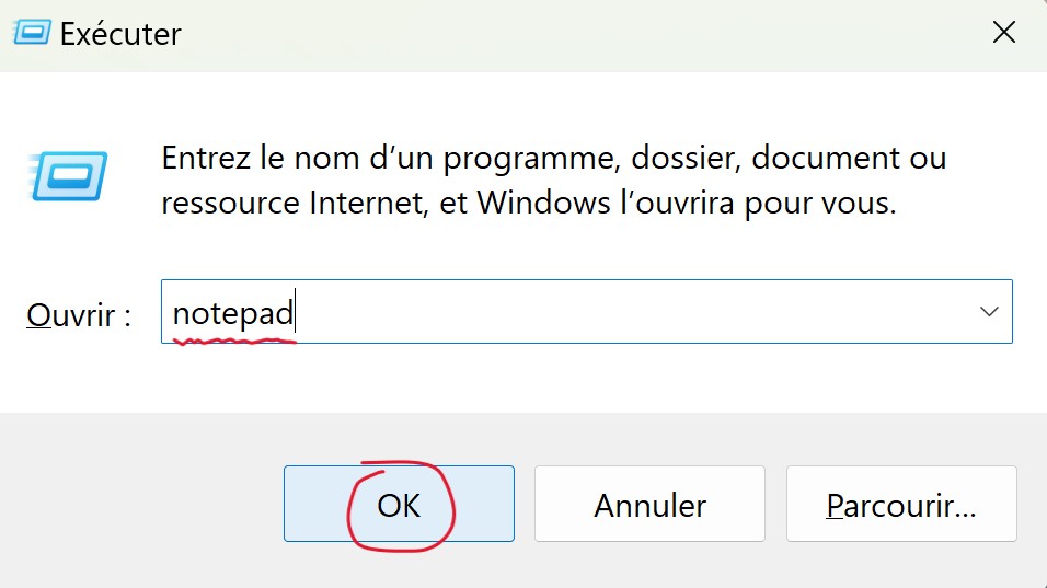 Démarrer rapidement le Bloc-notes via la boîte de dialogue Exécuter