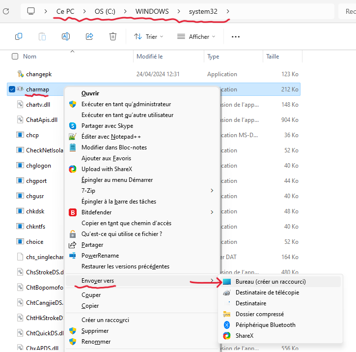 Comment placer la table des caractères sur le bureau via l'explorateur de fichiers