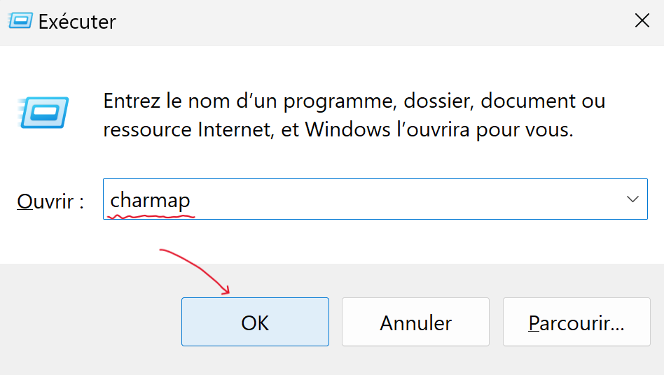 En utilisant la commande Exécuter ouvrir table des caractères