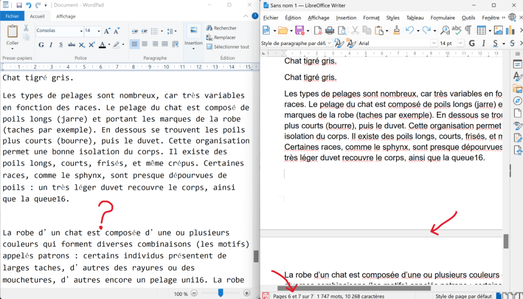 WordPad, contrairement à LibreOffice Writer, ne prend pas en charge la pagination.
