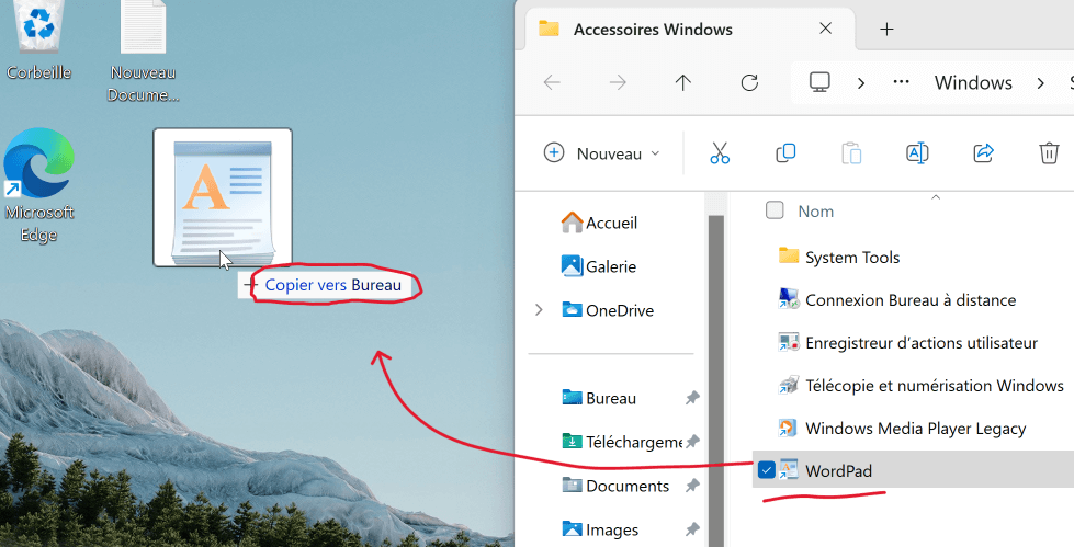 Ou maintenez la touche Ctrl enfoncée et faites glisser WordPad sur le bureau