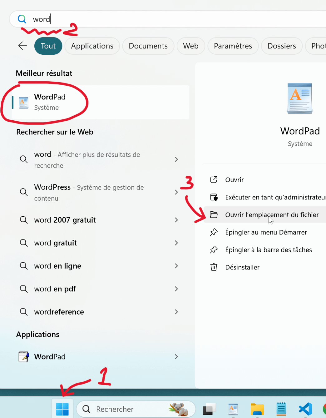 Ouvrez le menu Démarrer. Dans la barre de recherche, tapez WordPad