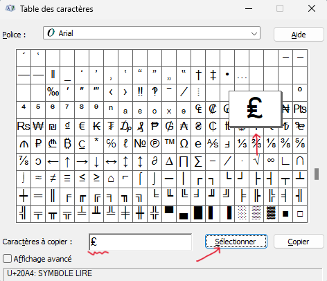 Table des caractères Sélectionner 