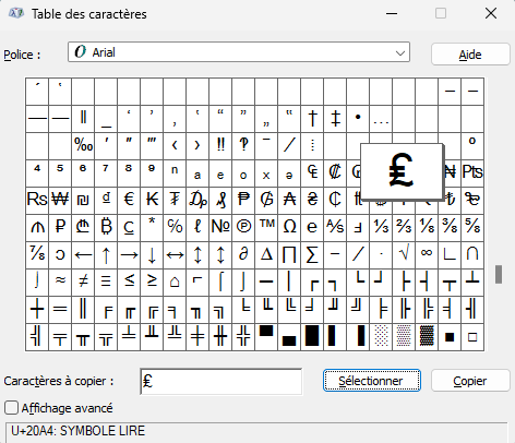 Table des caractères