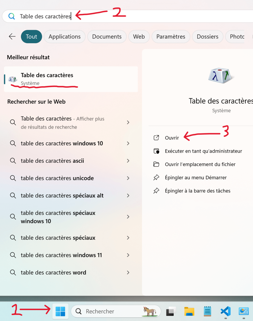 Depuis l'explorateur de fichiers ouvrir table des caractères