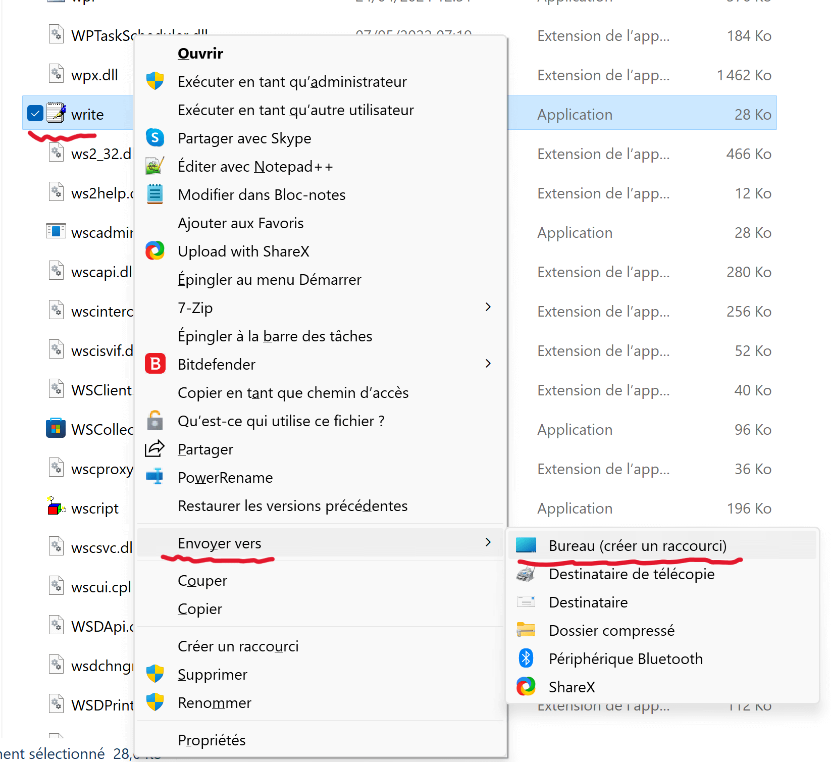 WordPad write.exe  Envoyer vers Bureau (créer un raccourci) 