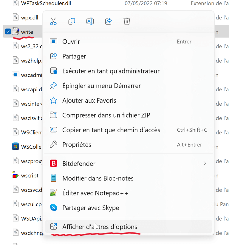 WordPad write.exe Windows 11 Afficher d'a tres d'options