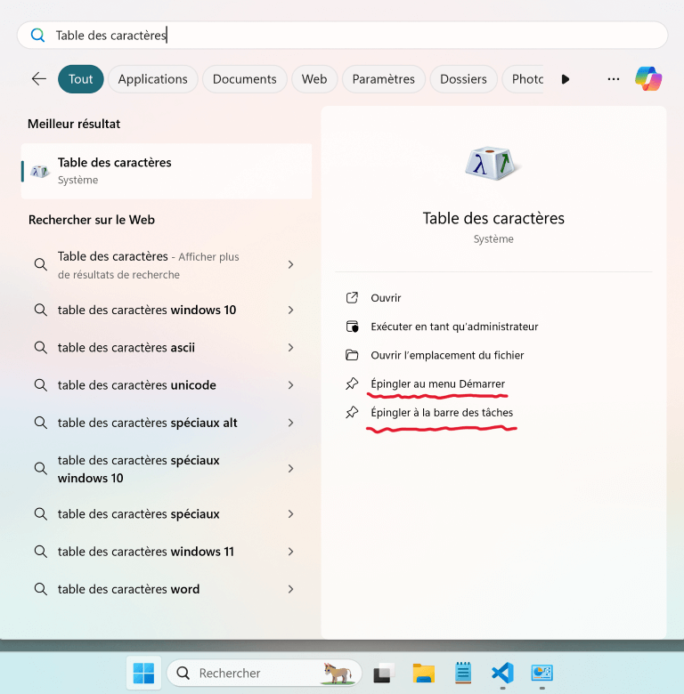 table des caractères sélectionnez Épingler au menu Démarrer ou Épingler à la barre des tâche