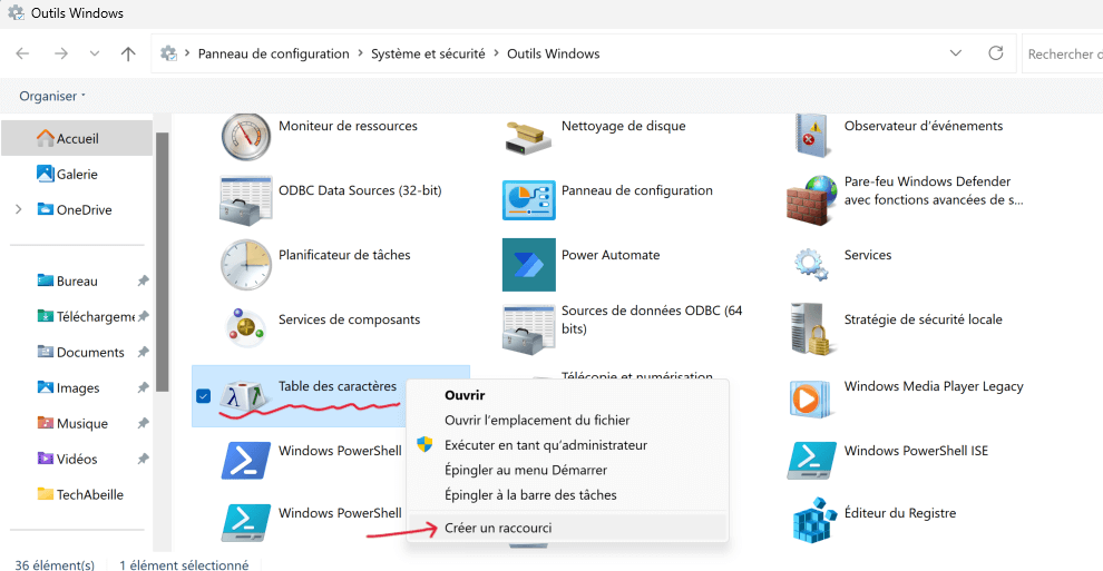table des caractères  un clic droit pour choisir Créer un raccourci