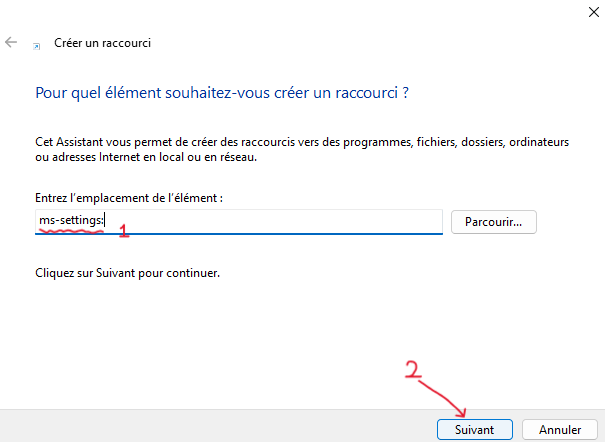 Créer un raccourci pour ouvrir les Paramètres
