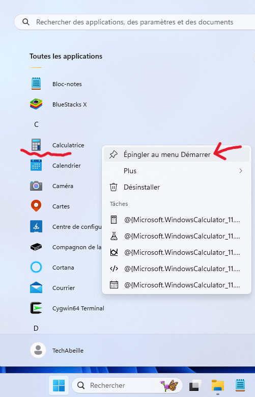 Épingler la calculatrice au menu Démarrer