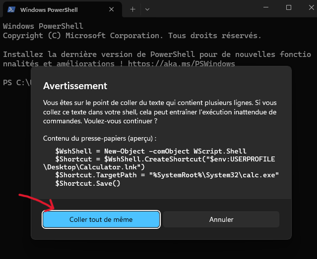 PowerShell  sélectionnez Copier quand même