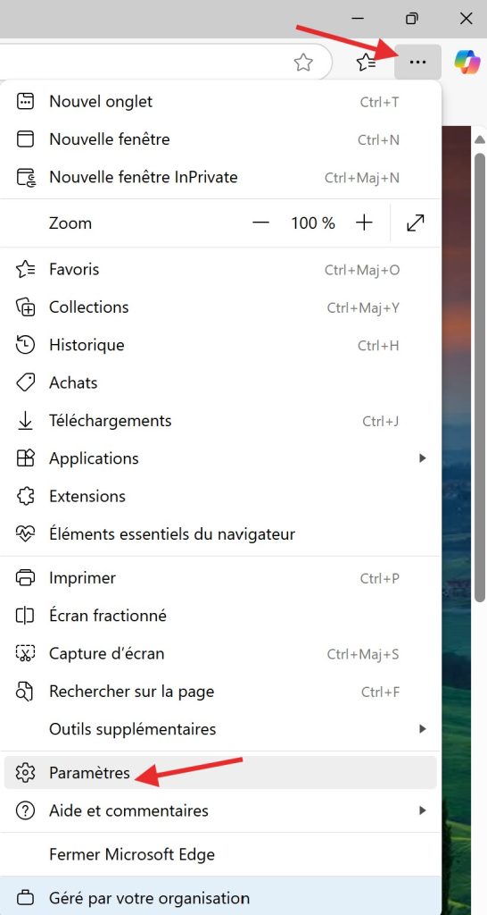 Capture de l'accès aux paramètres d'Edge
