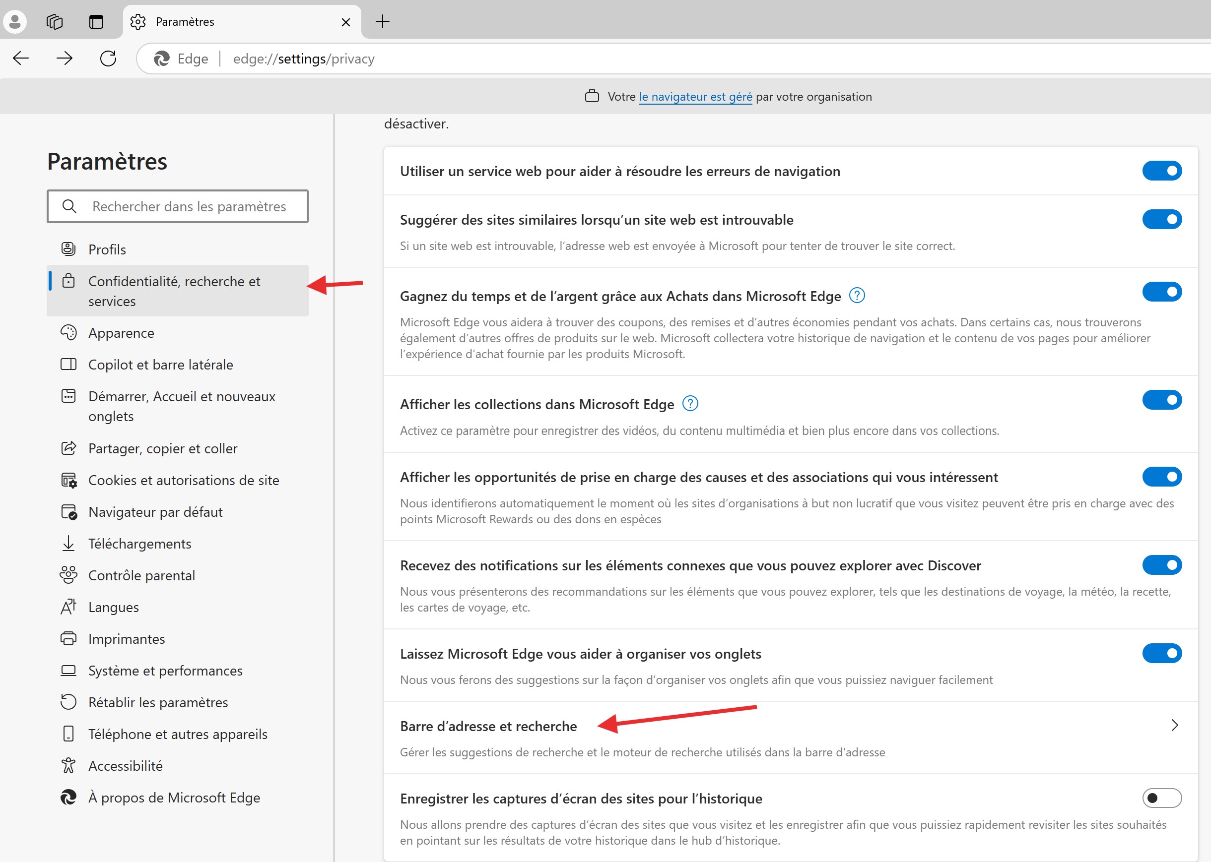 Menu des paramètres pour la confidentialité, la recherche et les services