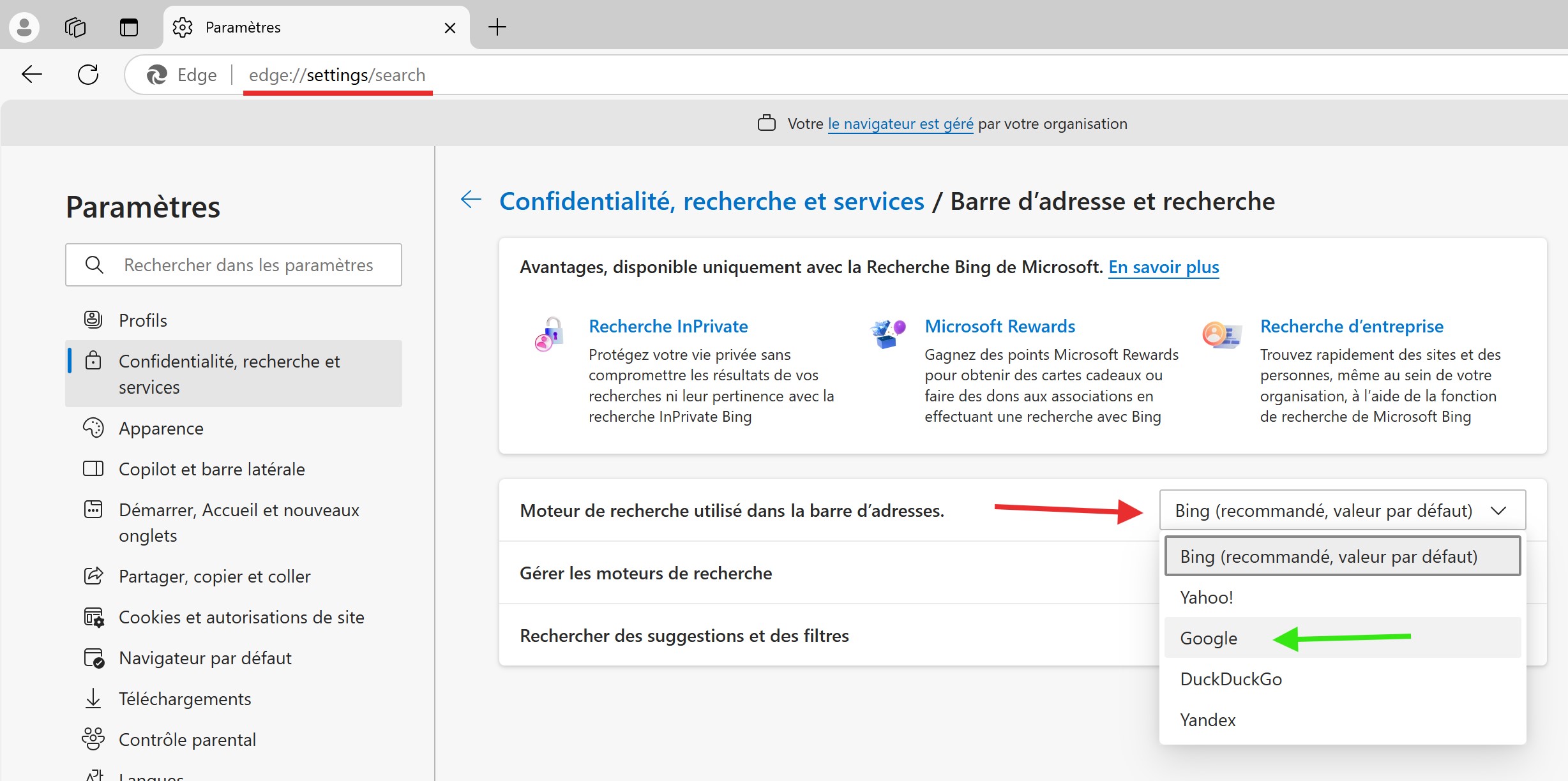 Capture d'écran des options de barre d'adresse et de recherche