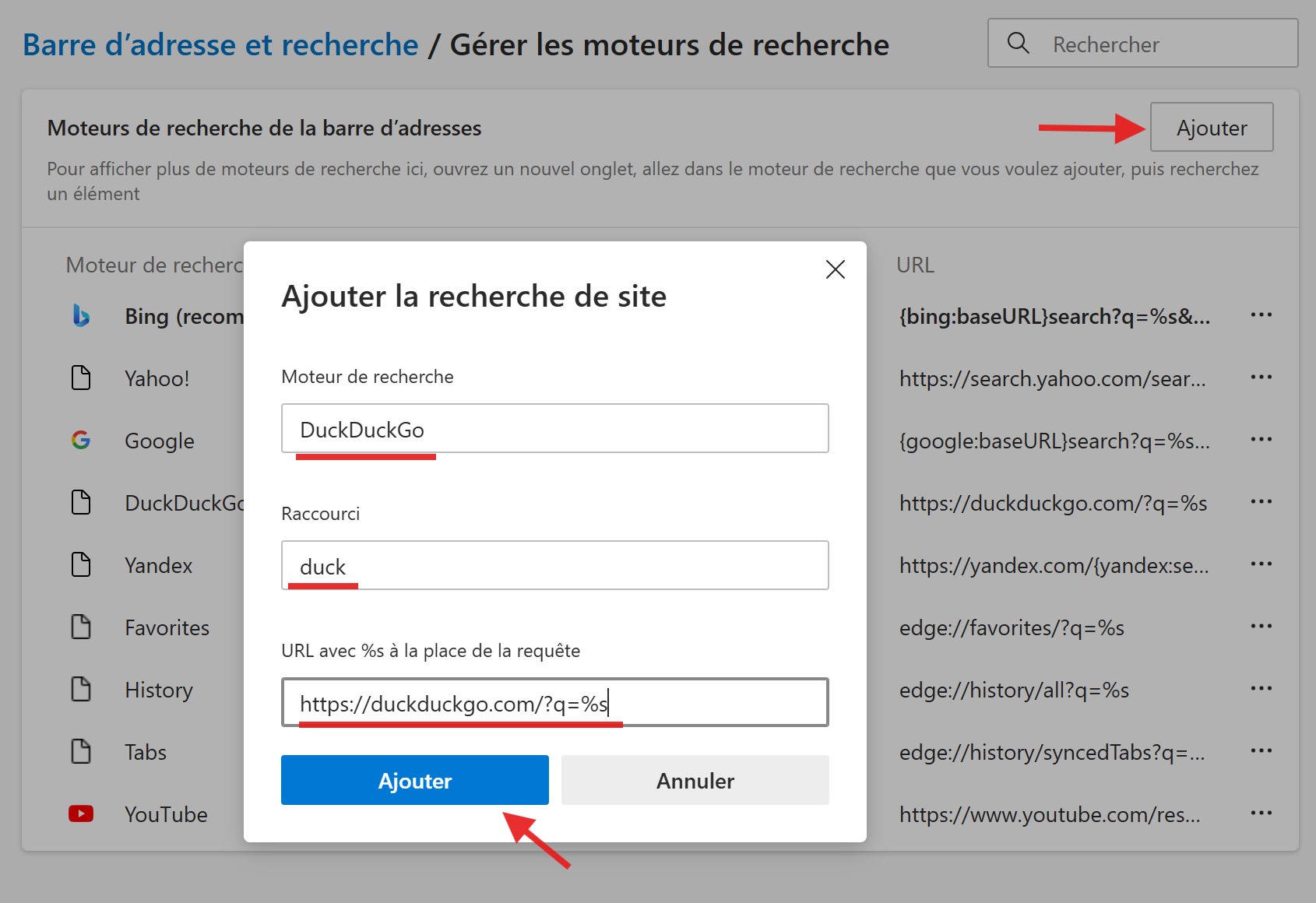 Exemple de saisie pour l'ajout manuel d'un moteur de recherche