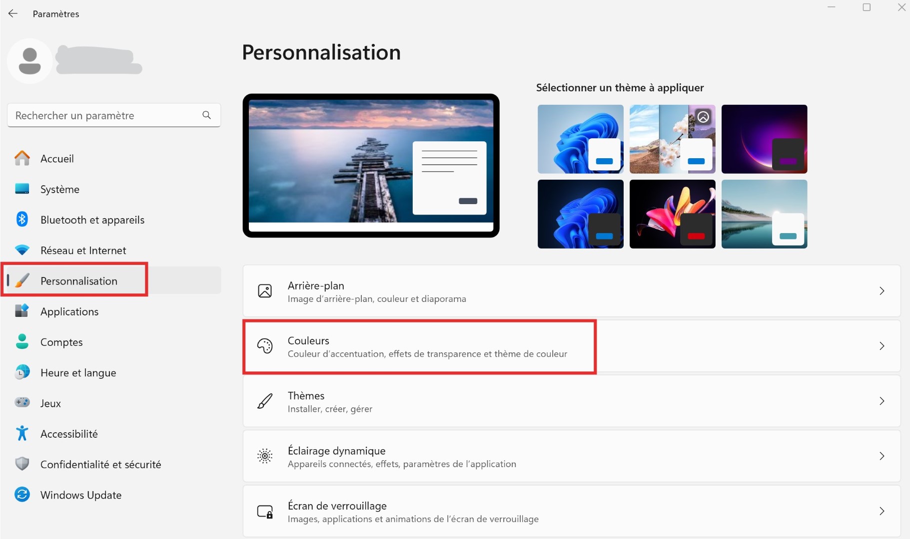 Capture d’écran de la section Personnalisation de Windows 11