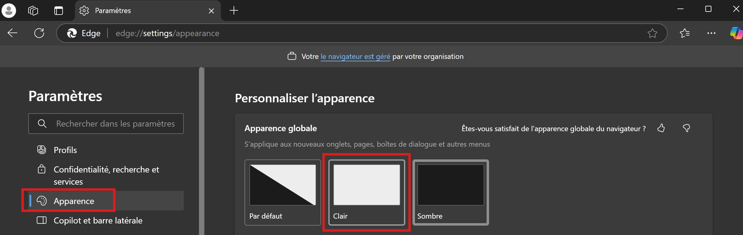 Capture d’écran du réglage du mode clair sur Windows 11