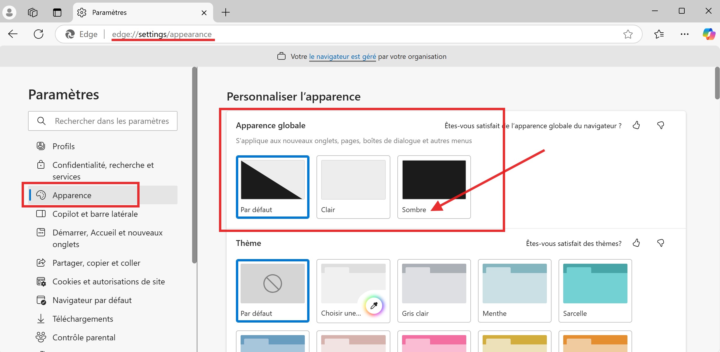 Capture d’écran des paramètres de thème dans Microsoft Edge