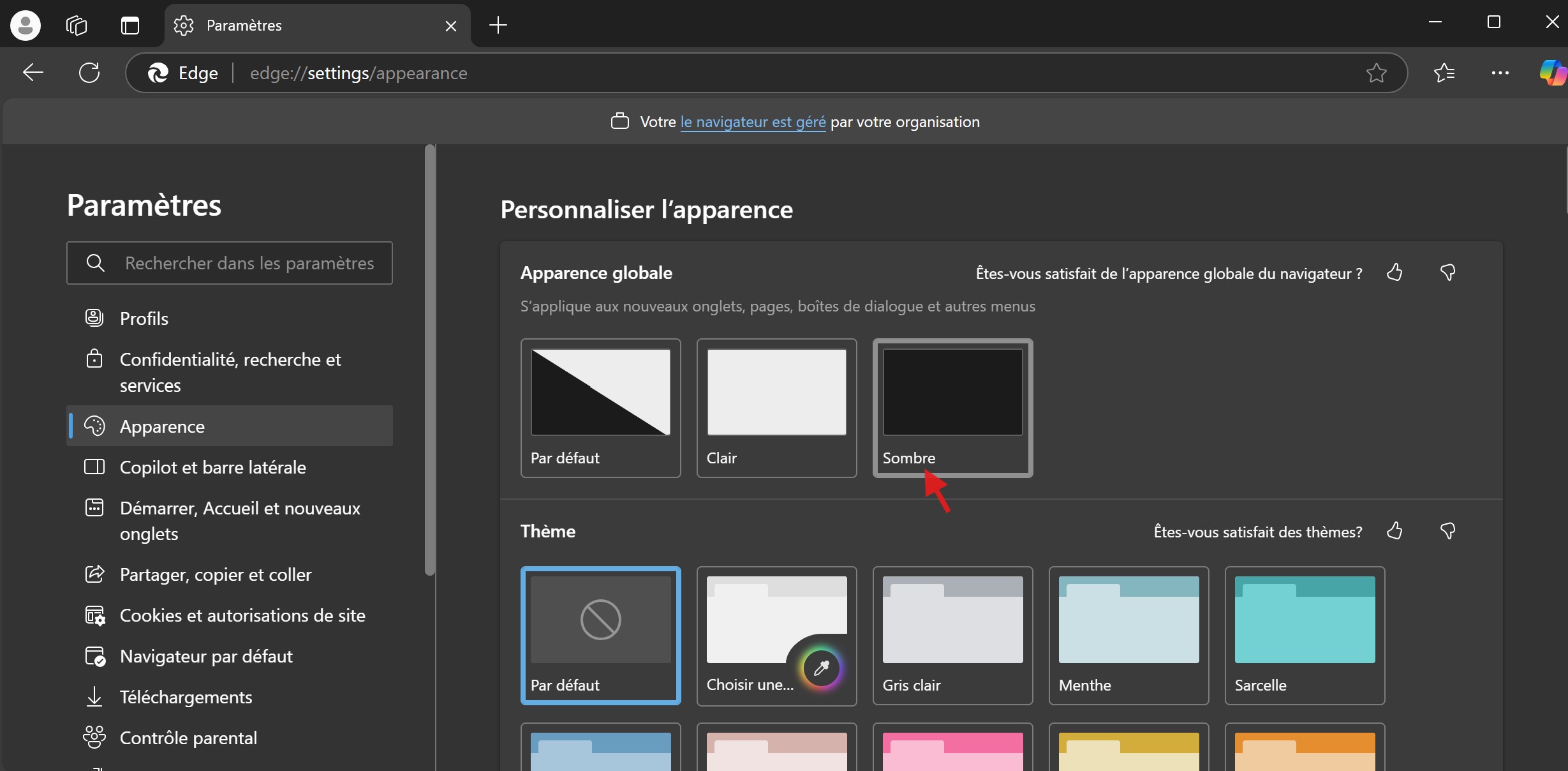 Capture d’écran du mode sombre activé sur Edge