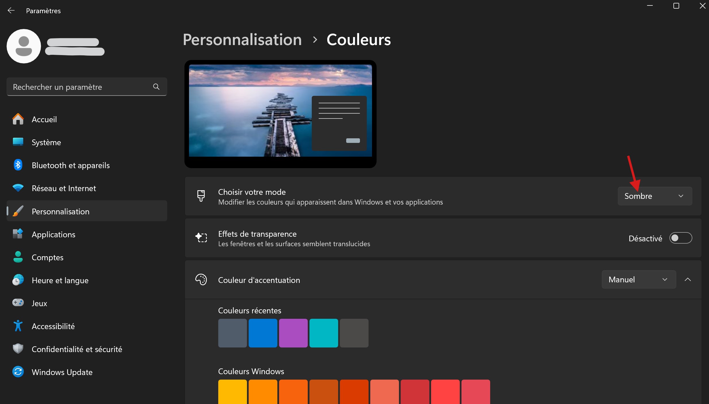 Capture d’ecran du mode sombre activé sur Windows 11