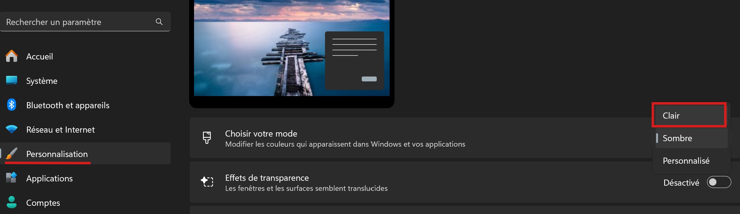 Capture d’écran du réglage du mode clair sur Windows 11