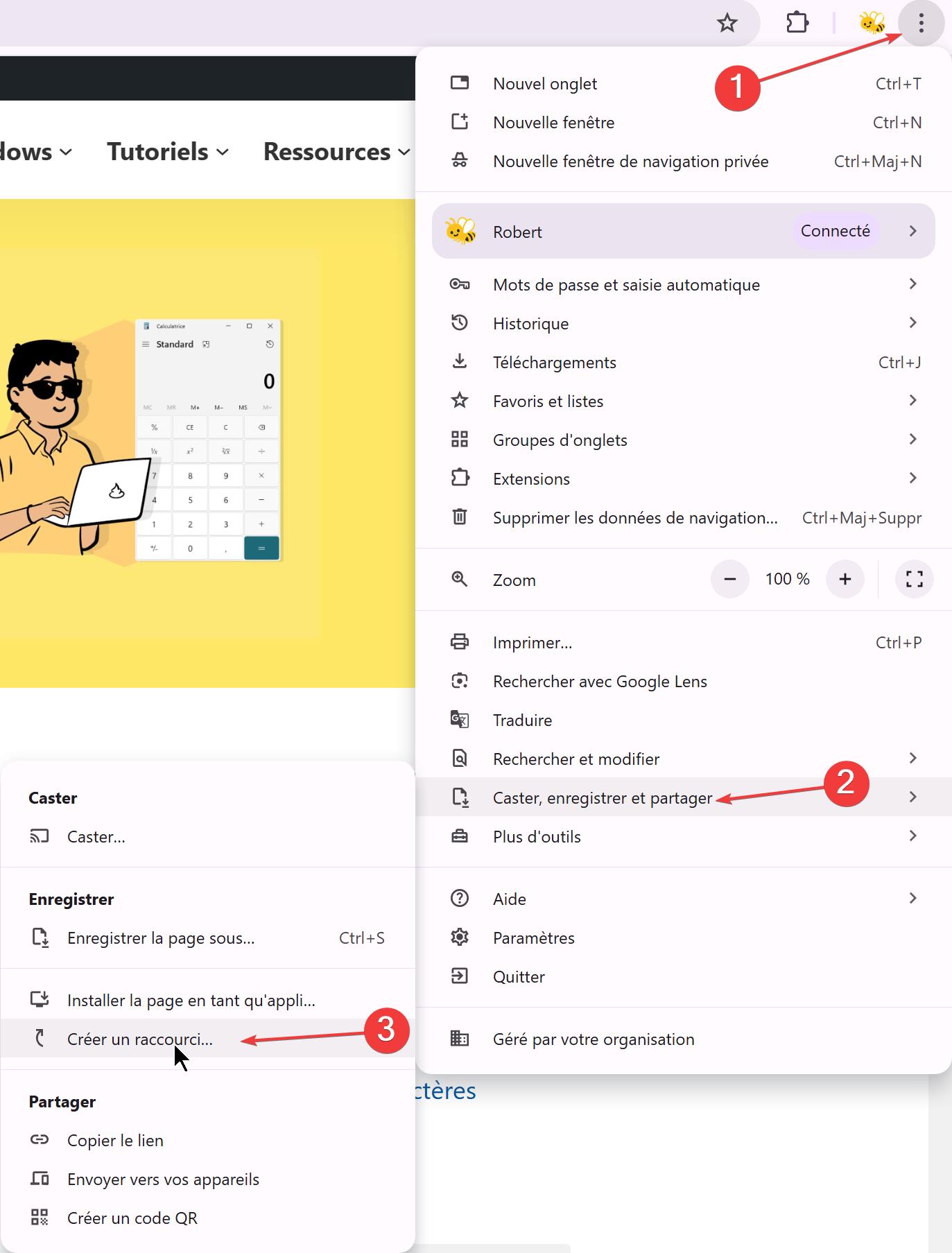Chrome web page Créer un raccourci sur le bureau