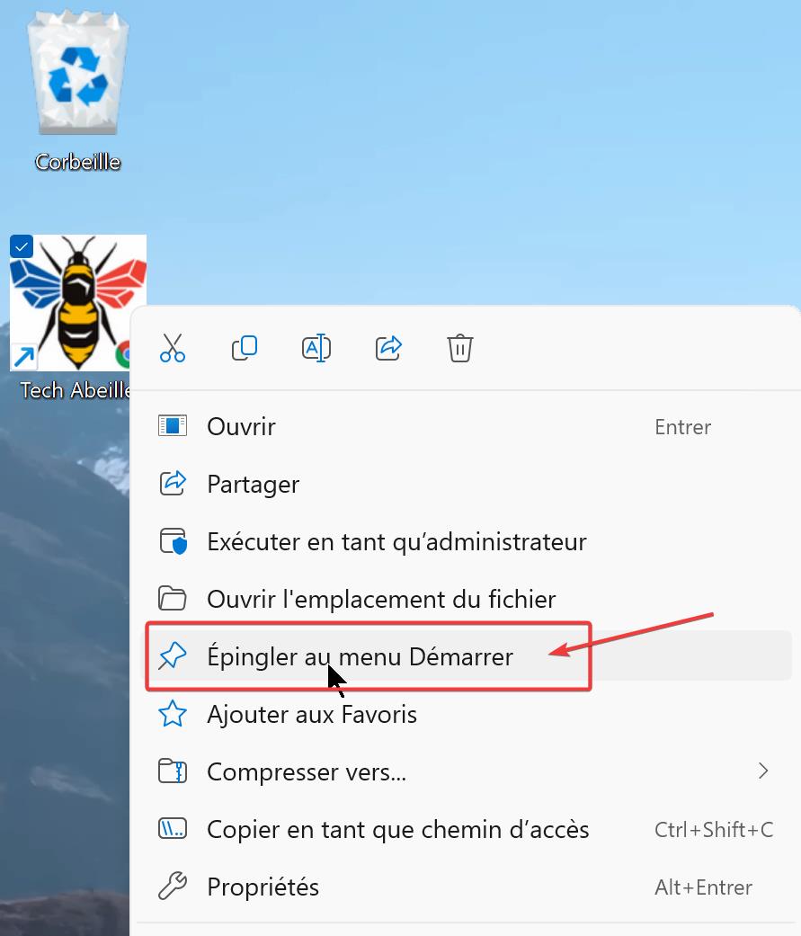 Épingler au menu Démarrer