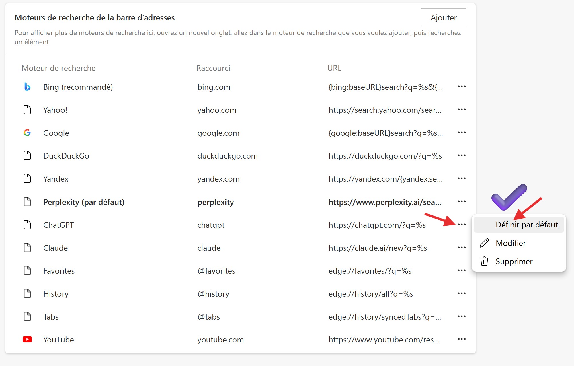 Edge-Définir ChatGPT, Perplexity ou Claude comme moteur de recherche par défaut dans Edge