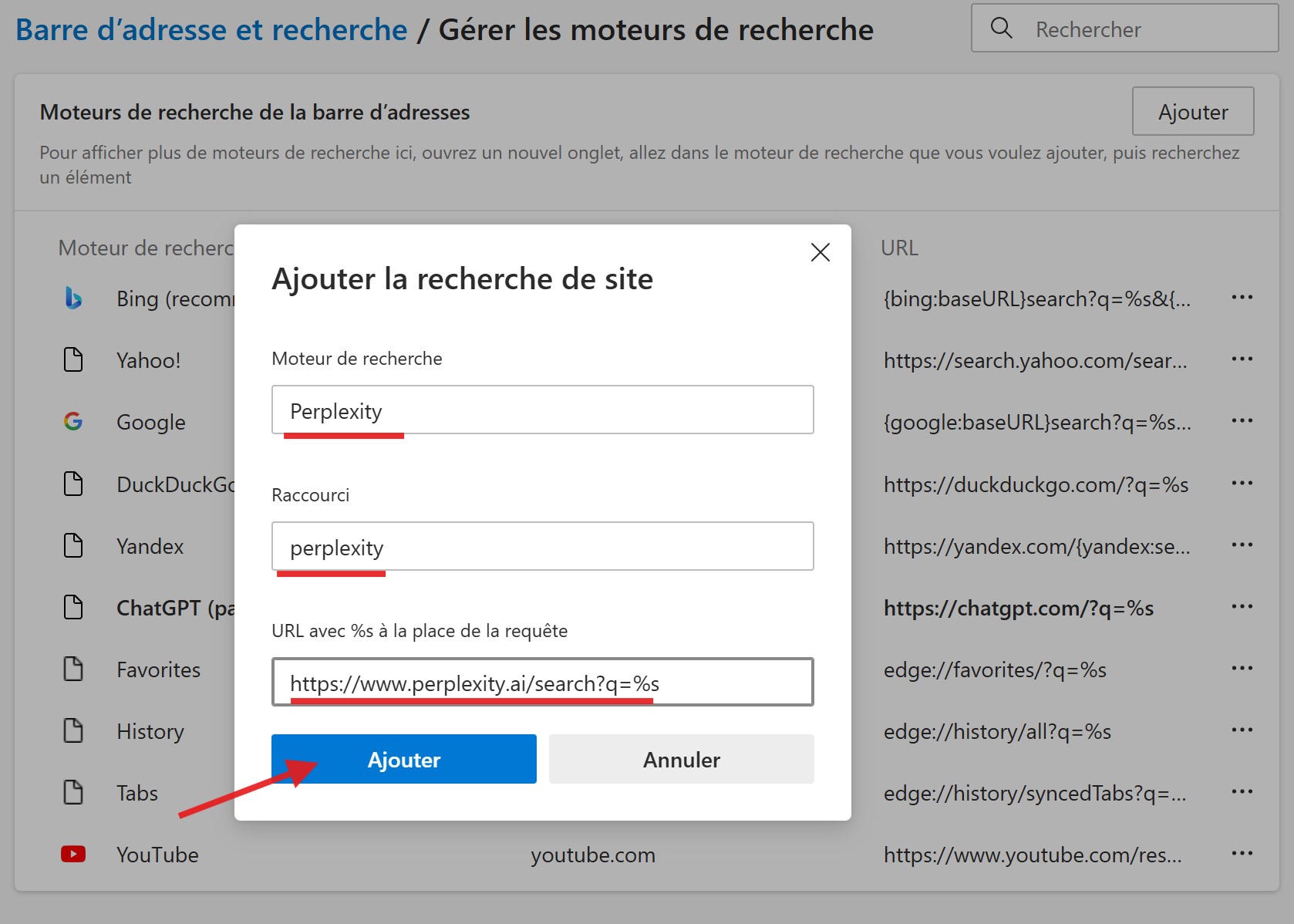 Edge-Définir Perplexity comme moteur de recherche par défaut