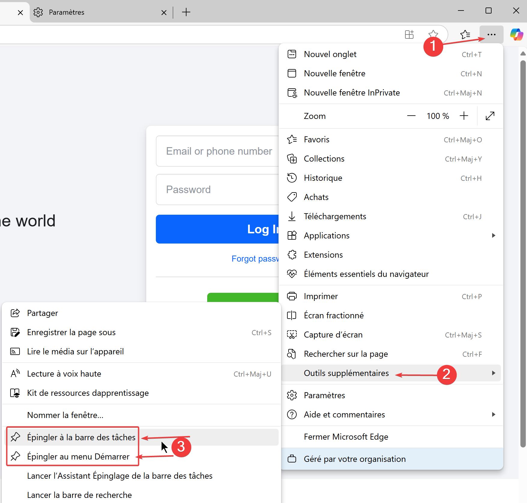 Edge web page Créer un raccourci sur le bureau