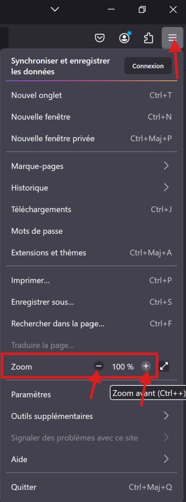 Firefox Illustration des menus de zoom dans les navigateurs
