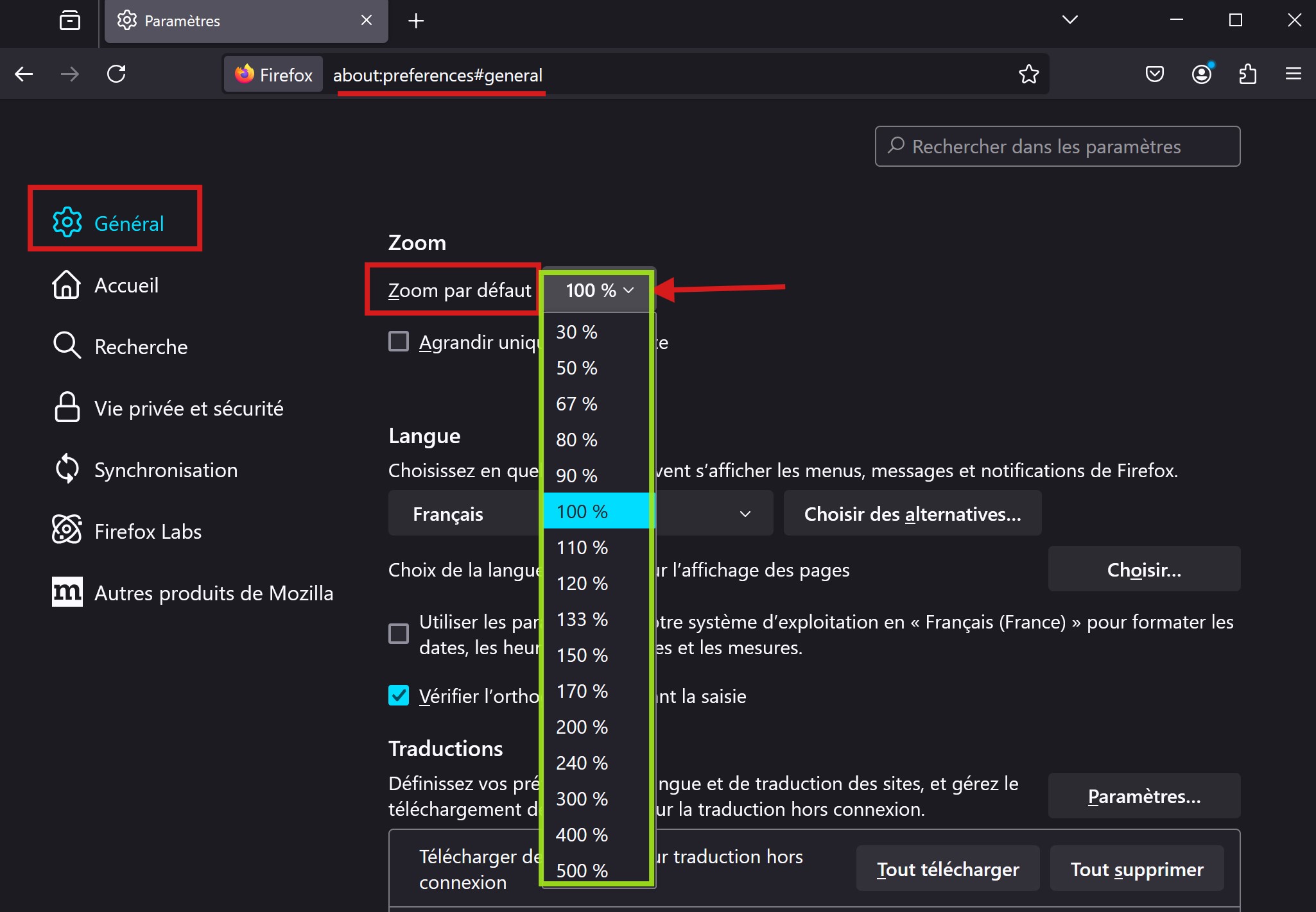 Firefox Illustration des paramètres de zoom global
