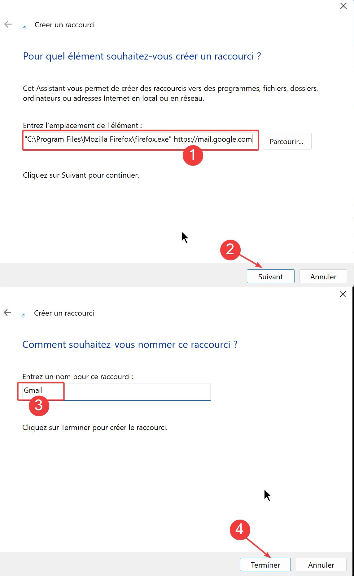 Firefox web page Créer un raccourci sur le bureau