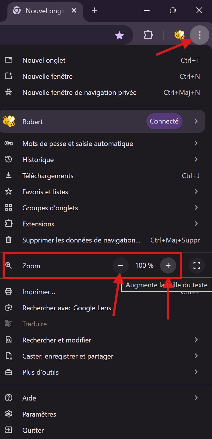 Google Chrome Illustration des menus de zoom dans les navigateurs
