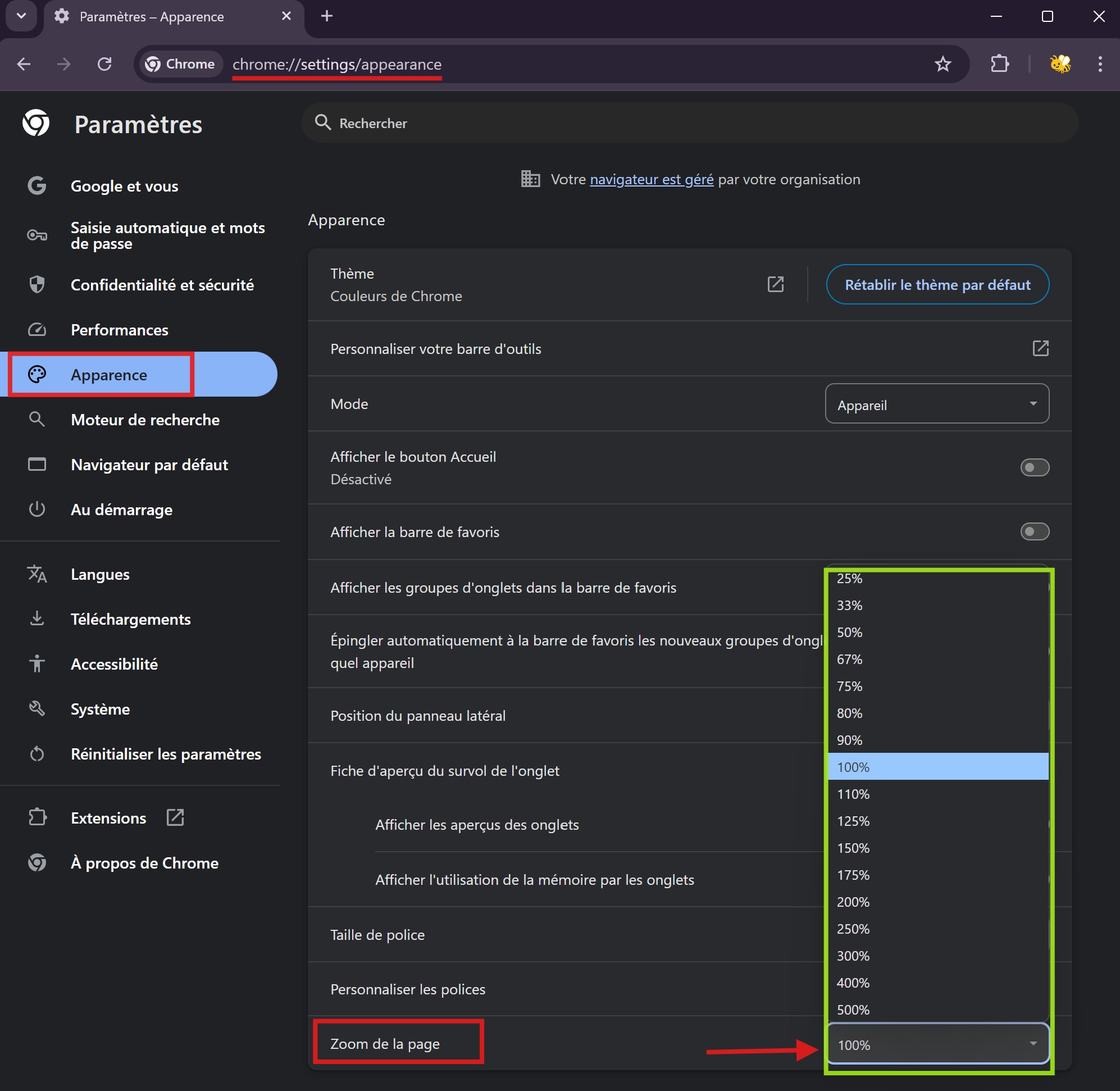 Google Chrome Illustration des paramètres de zoom global