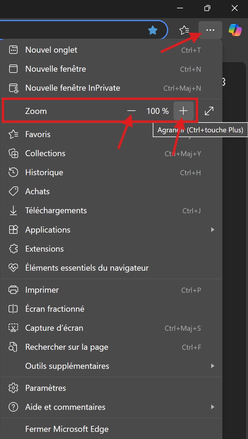 Mricosoft Edge Illustration des menus de zoom dans les navigateurs