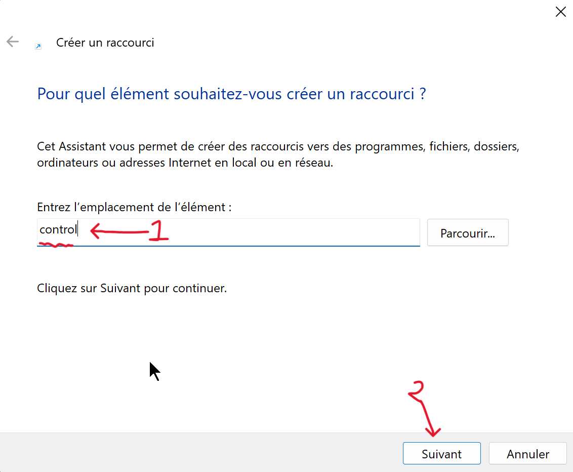 Créer un Raccourci vers le Panneau de Configuration