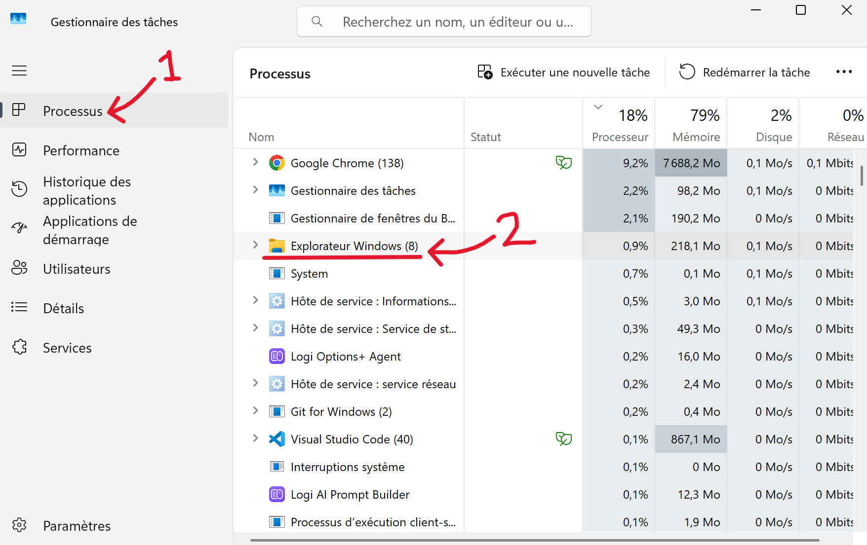 Dans l'onglet Processus, recherchez Explorateur Windows