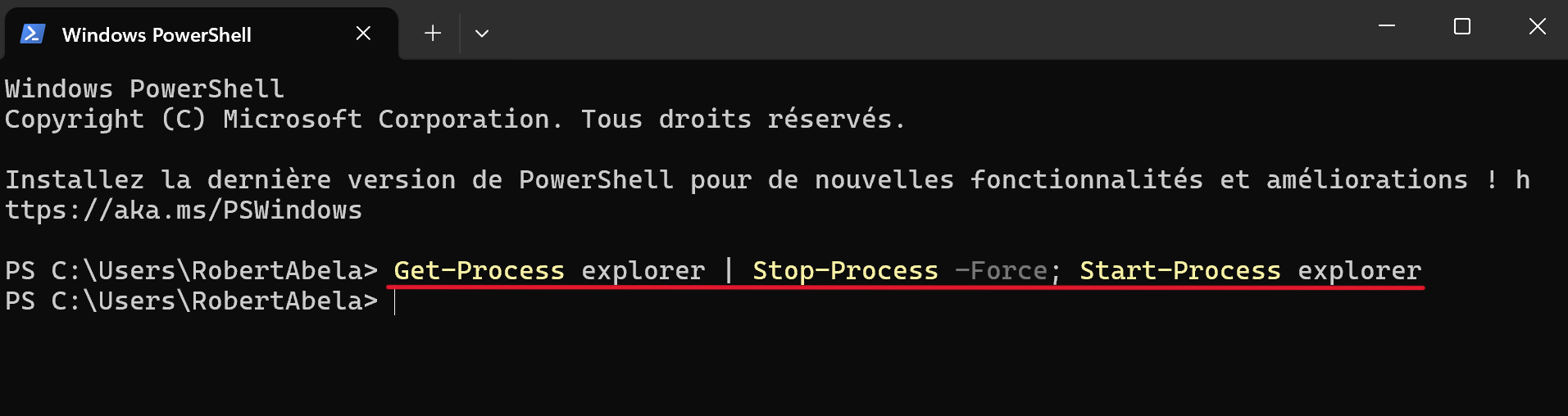Utilisez PowerShell pour exécuter la commande de redémarrage de l'Explorateur