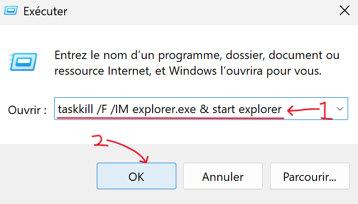 Utilisez Exécuter pour exécuter la commande de redémarrage de l'Explorateur.