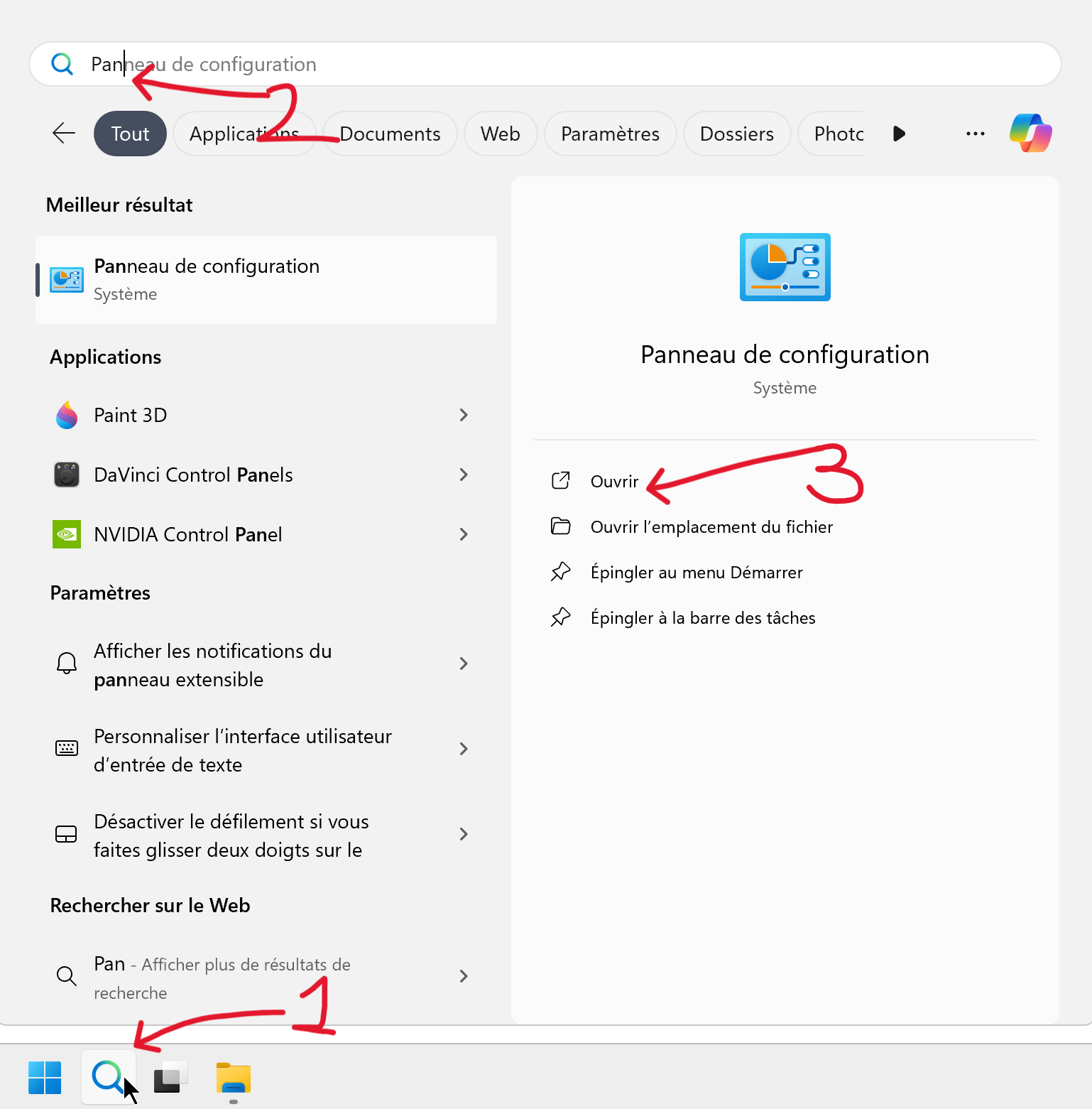 Utiliser la Recherche de la Barre des Tâches pour Ouvrir le Panneau de Configuration