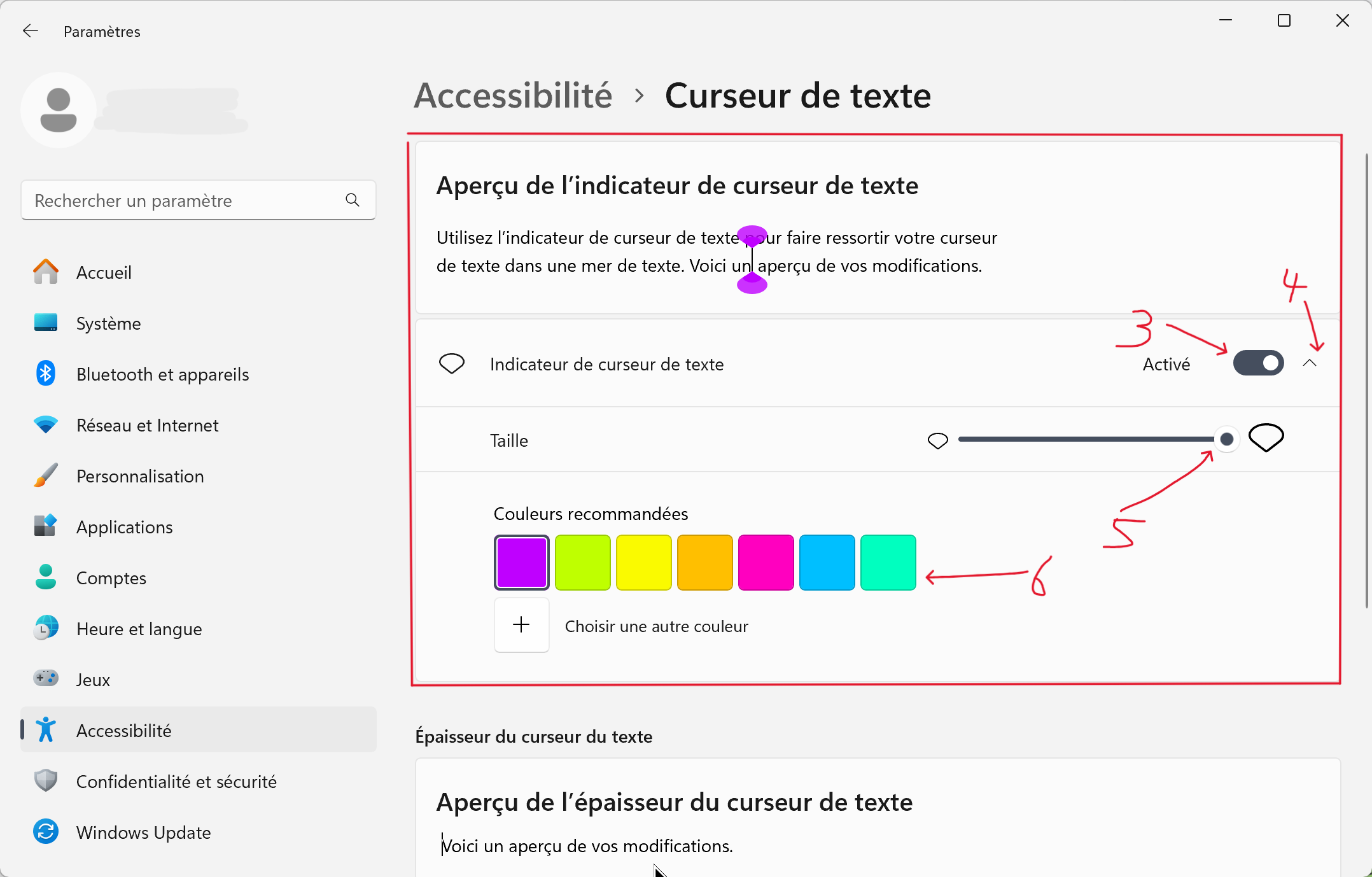 ajouter une couleur et un indicateur au curseur texte