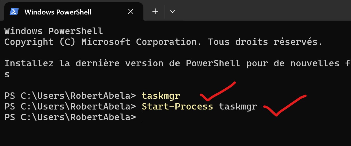 la commande PowerShell exécutant taskmgr