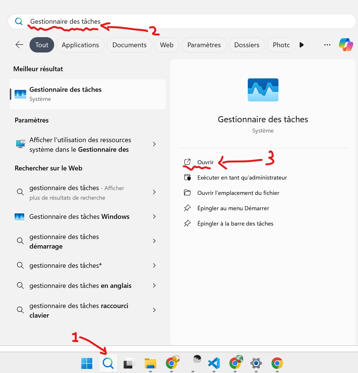  la recherche du menu Démarrer