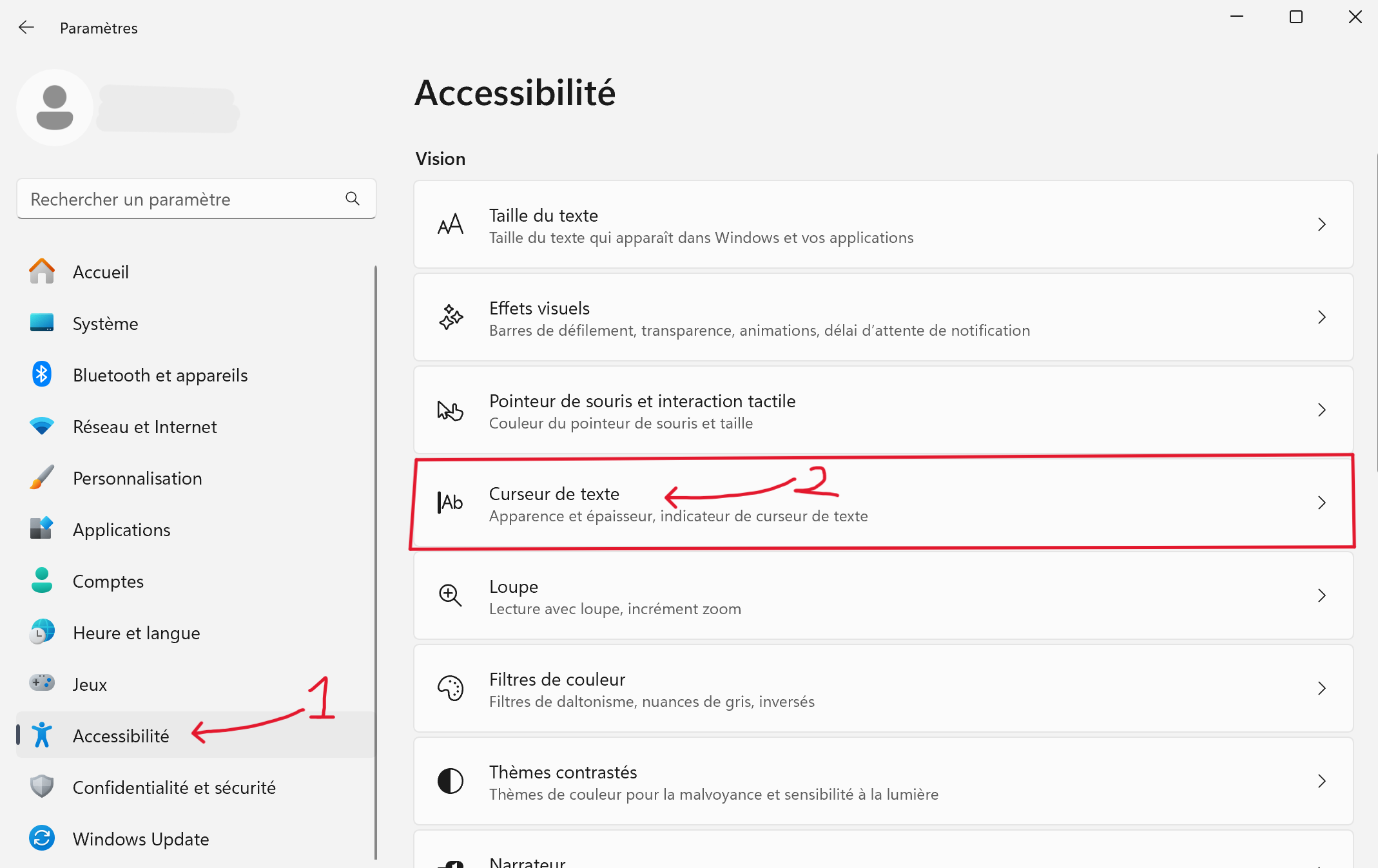 windows 11 Paramètres Accessibilité Curseur de texte