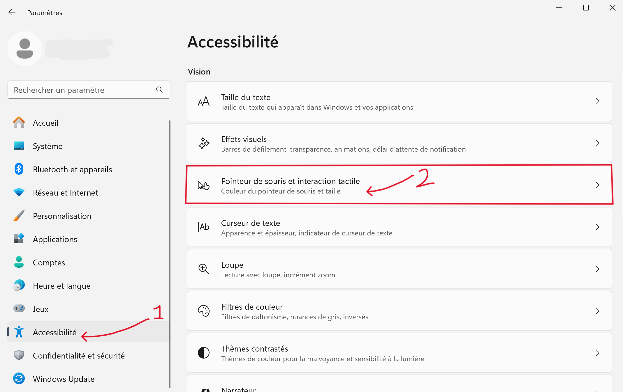 windows 11 Paramètres Accessibilité  Pointeur de souris et interaction tactile